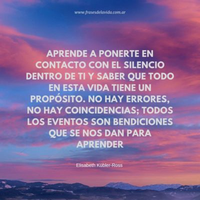 Aprende a ponerte en contacto con el silencio dentro de ti y saber que todo en esta vida tiene un propósito. No hay errores, no hay coincidencias; Todos los eventos son bendiciones que se nos dan para aprender